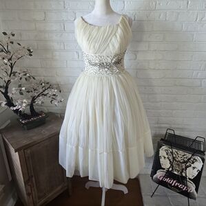 True Vintage 1950s Ivory Organza Tea Dress, Sequin, Beaded, Xs/2, Flowy, Party
